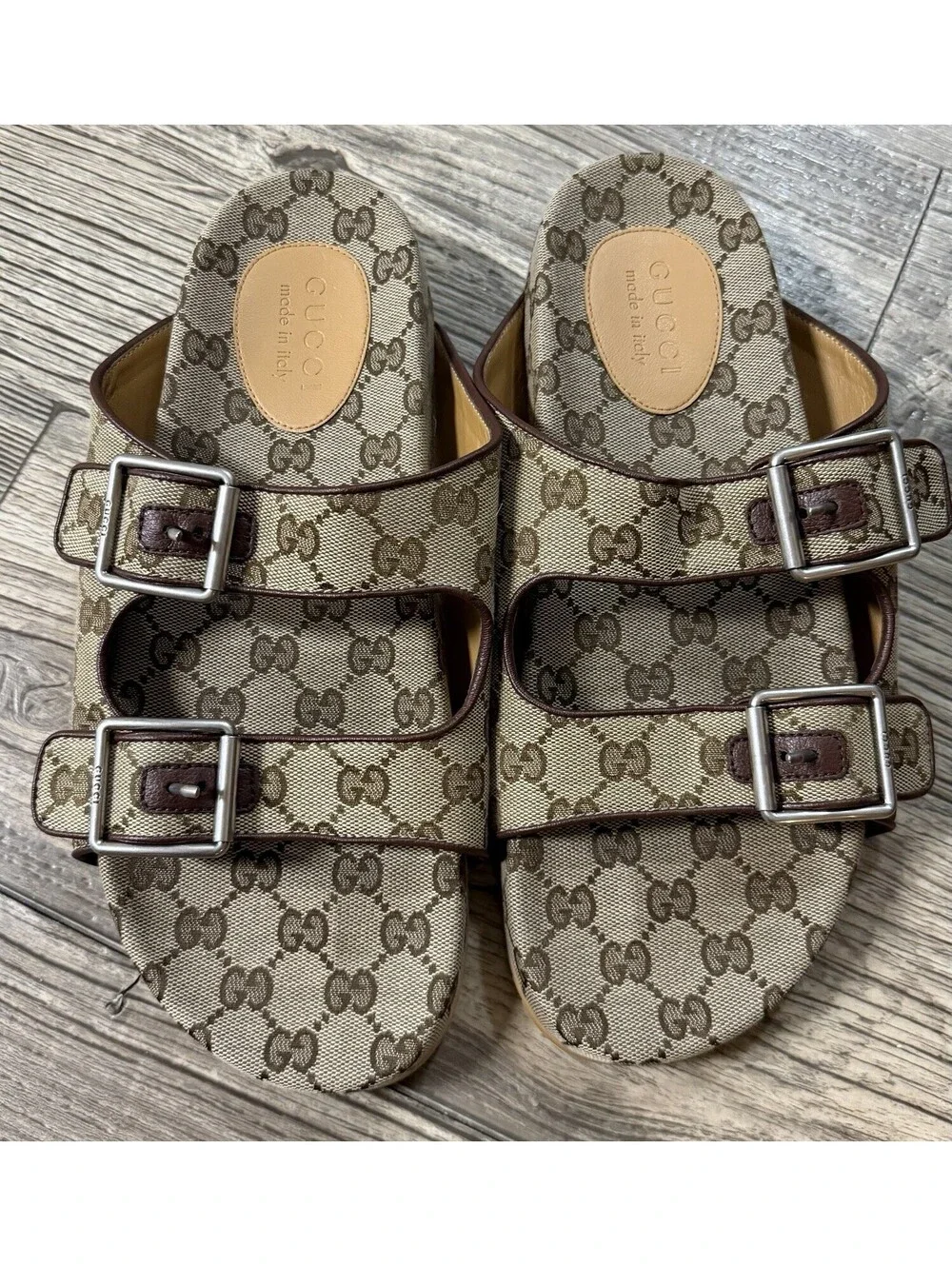 Gucci Men's Strap Slide Sandal GG Monogram Beige Ebony 10.5 US New Without Box